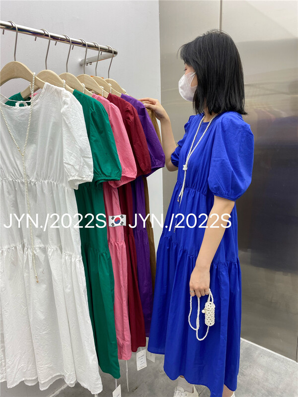 New in early summer! [jyn golden rain lemon] lady round neck bubble sleeve long dress (with chain) 7256# LSL