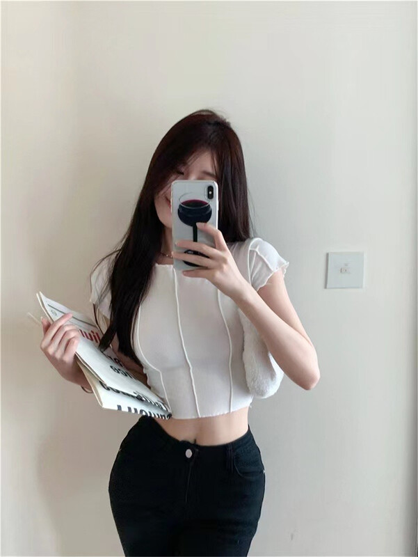 [SYC] simple solid color threaded short sleeve T-shirt 22110# cqw