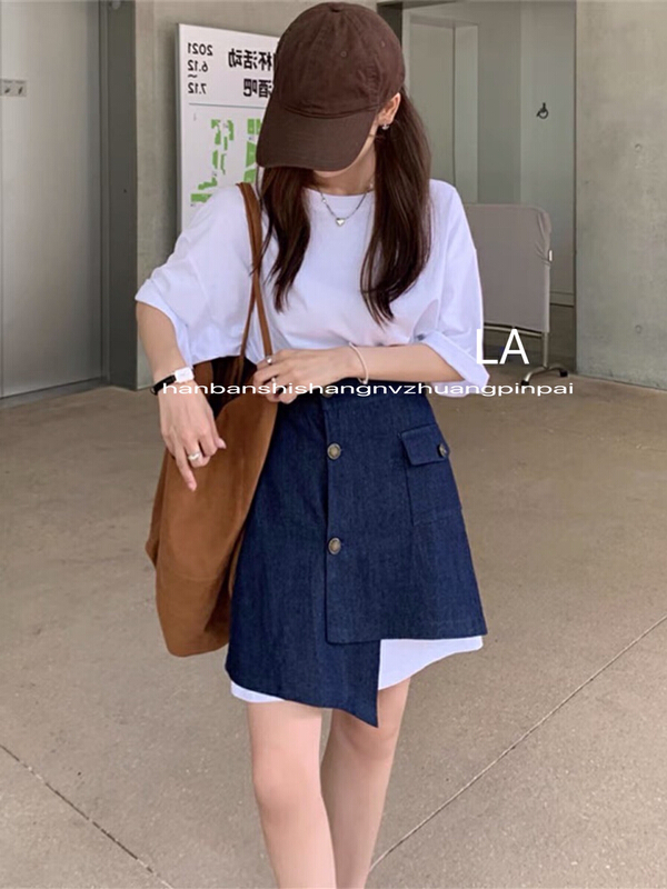 [laqssy] salt style dress with fried Street white T-shirt + skinny denim skirt suit 6198# zyh