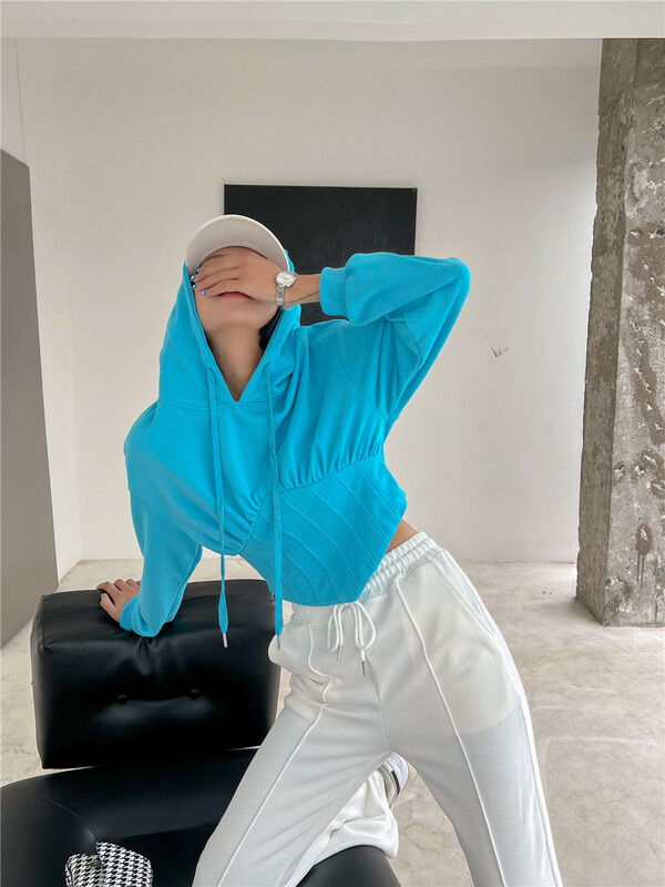 [top] Korean casual hooded waist closing short sweater s8003# ZSY
