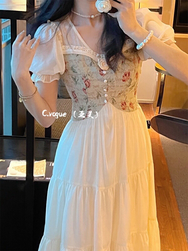 【C.VOGUE】法式復古設計感露肩拼接連衣裙  29922#  PCZ