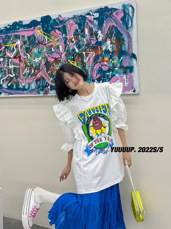 [yuup] bubble sleeve splicing Pullover short sleeve T-shirt 622099# LSL