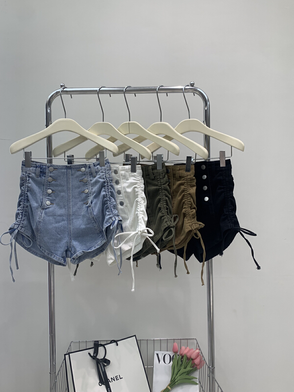 [by flow] high waist drawstring skinny denim shorts w431# XYY