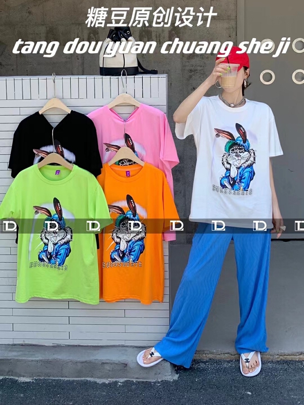 New in early summer! [tangdou original] Nail Drill color printing loose short sleeve T-shirt 9576# WTT