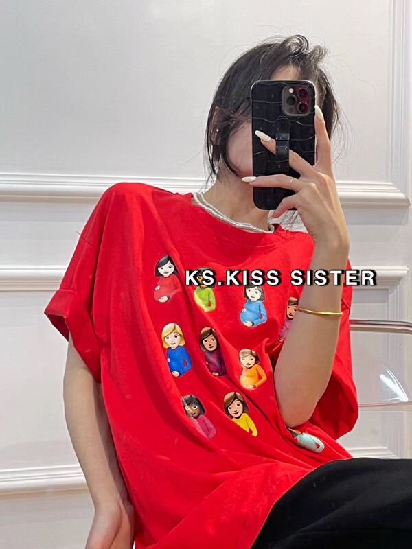 The original price is 66.55! New in early spring! "KS" cartoon duck hip-hop terry round neck printed loose casual short sleeve T-shirt 22007# OZQ