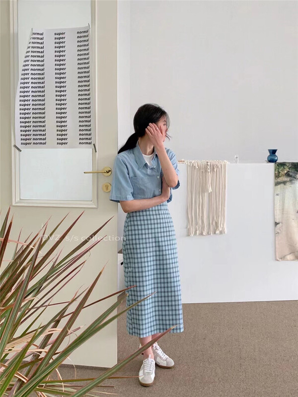 New in early summer! [dvz] Hong Kong Style Vintage Plaid medium length skirt ys1-9938# zxx