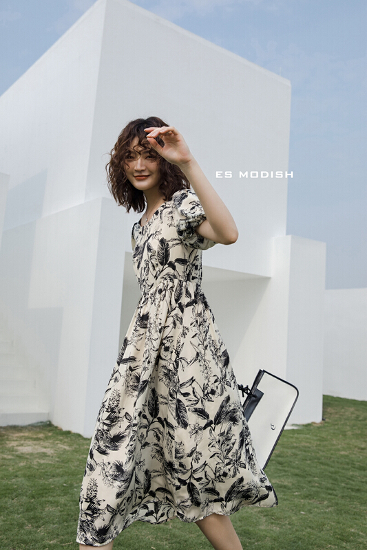 [es modish] New Vintage short sleeve floral dress ops1615# XYJ