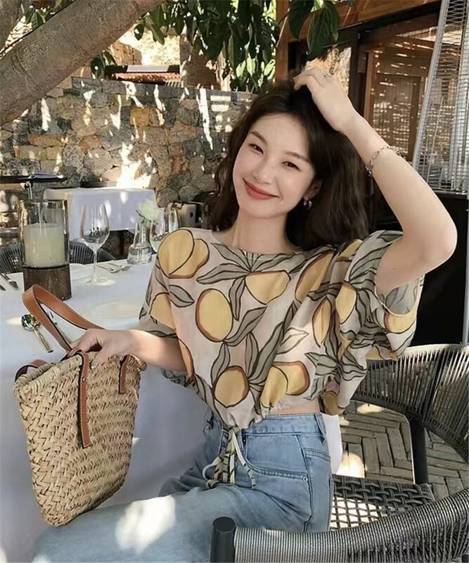 New in early summer! [am] crew neck print drawstring lace up blouse 3538# JJ