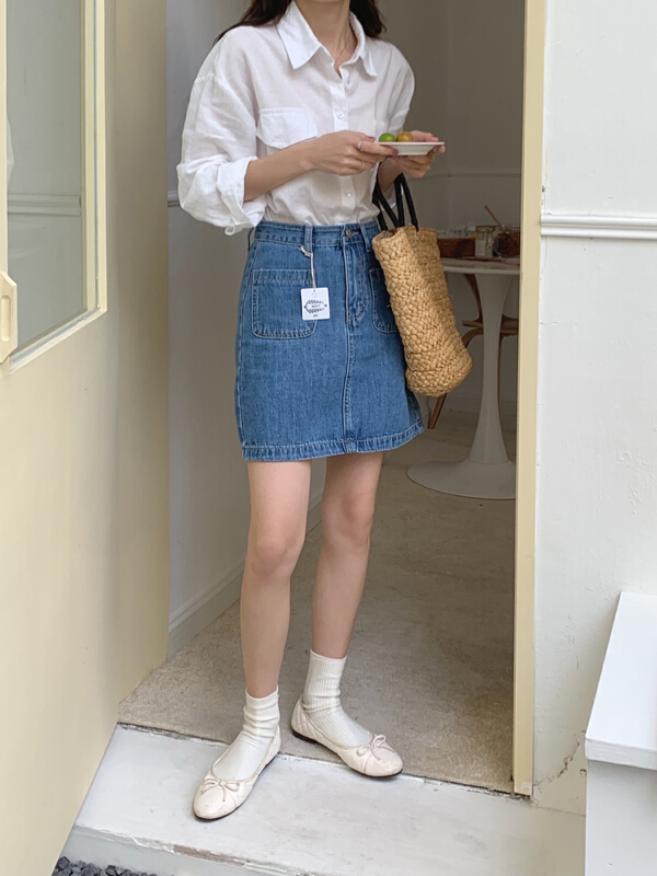 [meet me] Korean pocket design shows thin denim skirt 61232# ll