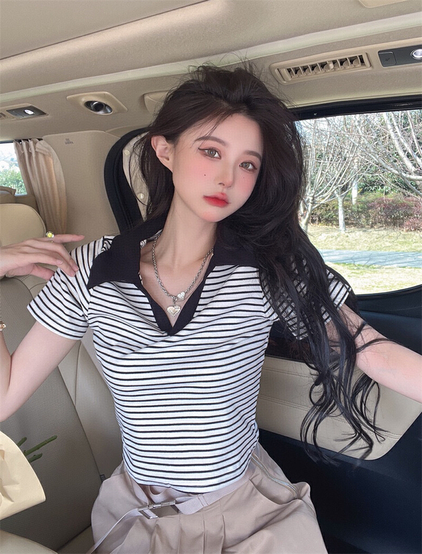[wgwe] pure sweet spice girl sexy V-neck stripe short sleeve T-shirt 1741# PCZ