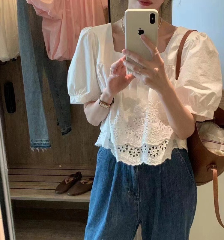 [h2-studio] simple temperament square neck bubble sleeve shirt a826# HBx