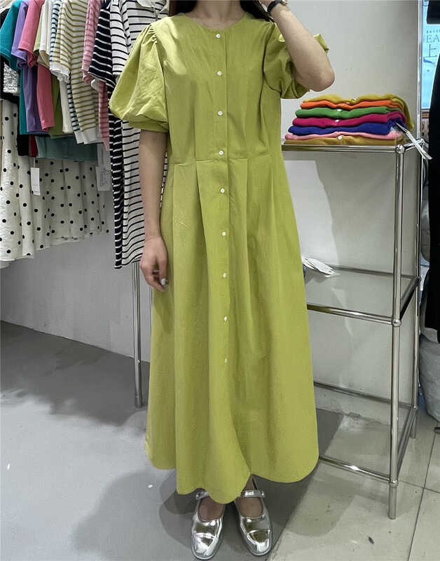 [feeding] Korean solid color round neck bubble sleeve dress 3395-e5# cqw