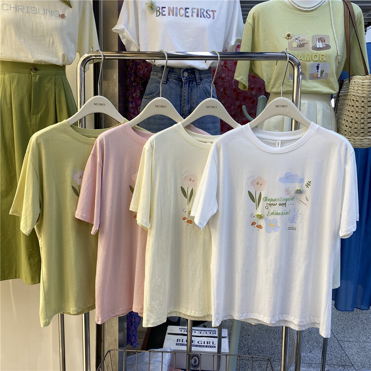 [Momo] casual round neck flower letter short sleeve T-shirt 3891# HBx