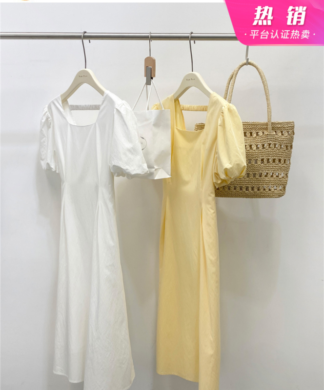[new post] Korean solid color waist closing bubble sleeve dress np6669-a2# cqw