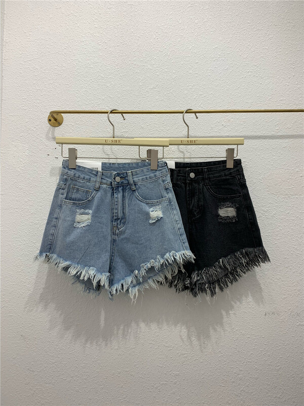 [u.she] Korean version of versatile raw denim shorts 19795# cqw