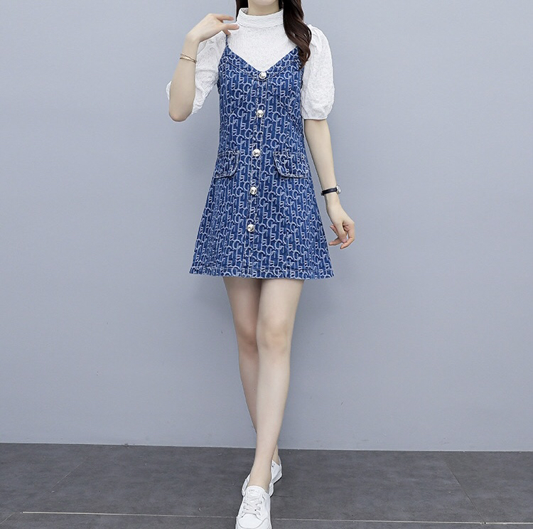 New in early summer! [Fanfan] fashion Korean suspender skirt + clean round neck white short sleeve suit 5616# JJ