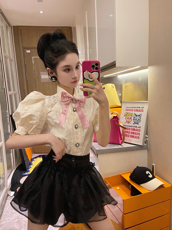 [ala] niche design bubble sleeve jacquard shirt (with bow) s1353a# JJ