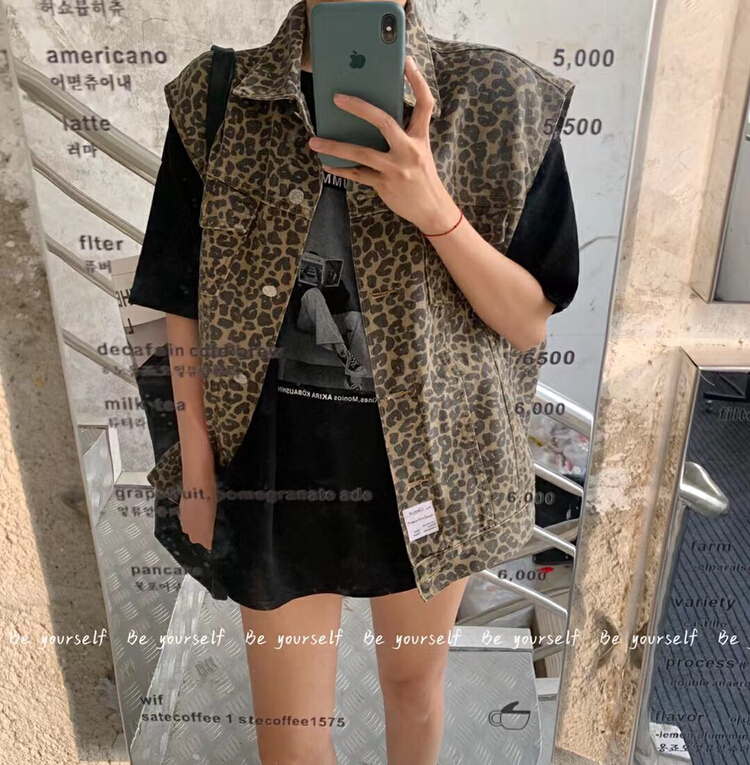 New in early spring! "BE YOUR SELF" Korean casual labeling leopard cowboy waistcoat nz6611# LSL