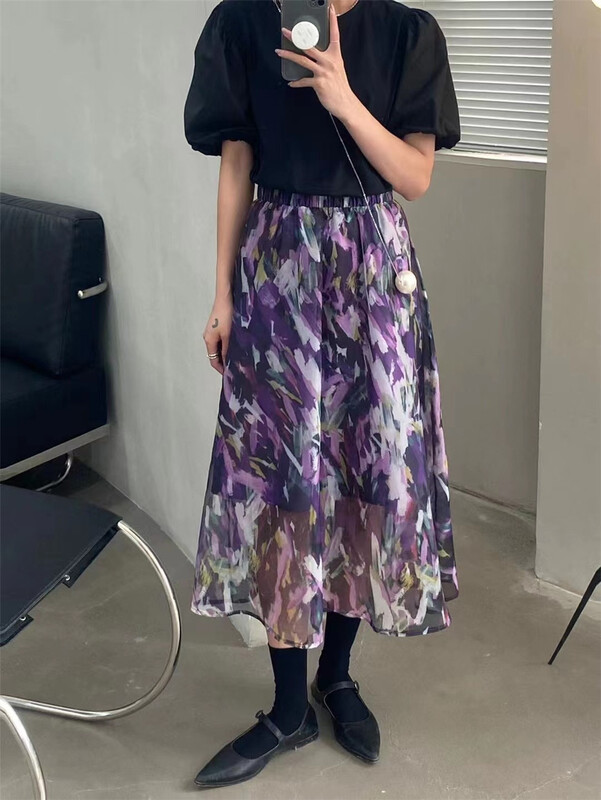 [black + white] temperament medium long elastic waist skirt 2s06780m# lwy