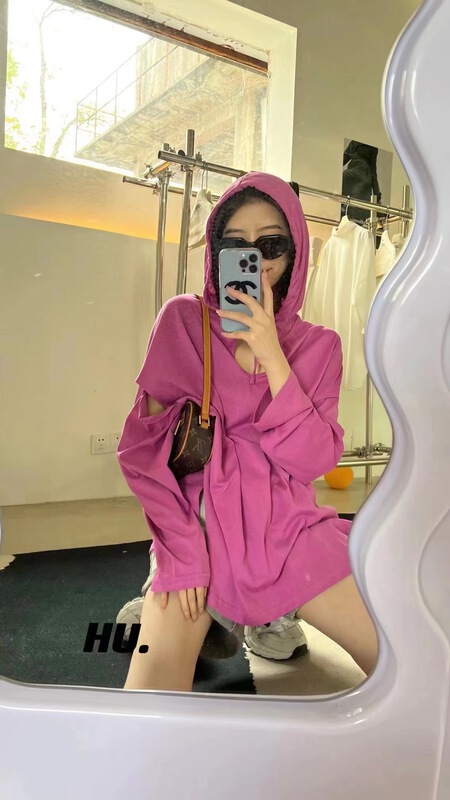 [small time] broken sleeve hooded lace up solid color long sleeve T-shirt 9008# WTT