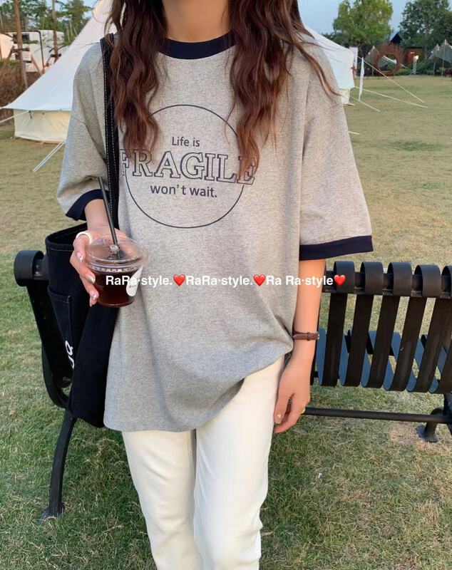 goods in stock! New in early summer! [rara] contrast stitching letter print short sleeve T-shirt 30056# LSL