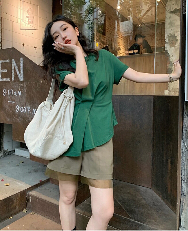 [savage] Korean retro solid color versatile round neck irregular short sleeve T-shirt e8226# WPL