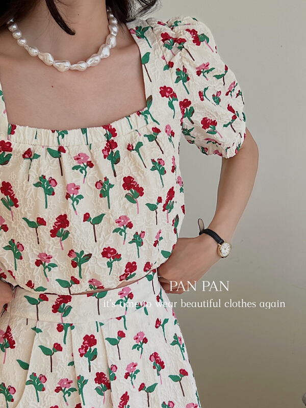 [Panpan] temperament lady square neck bubble sleeve blouse 3299# cqw