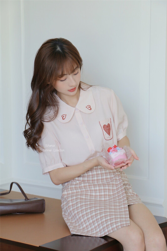 【ECHANCE】韓版愛心刺繡甜美泡泡袖襯衫  8981#  LWY