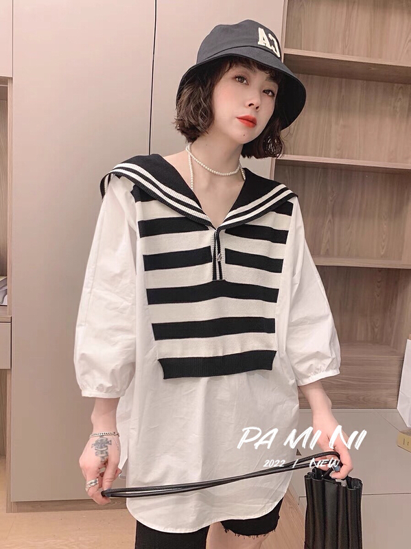 [pamini] Navy collar large version ice silk fashion foreign style shirt 8009# Cl