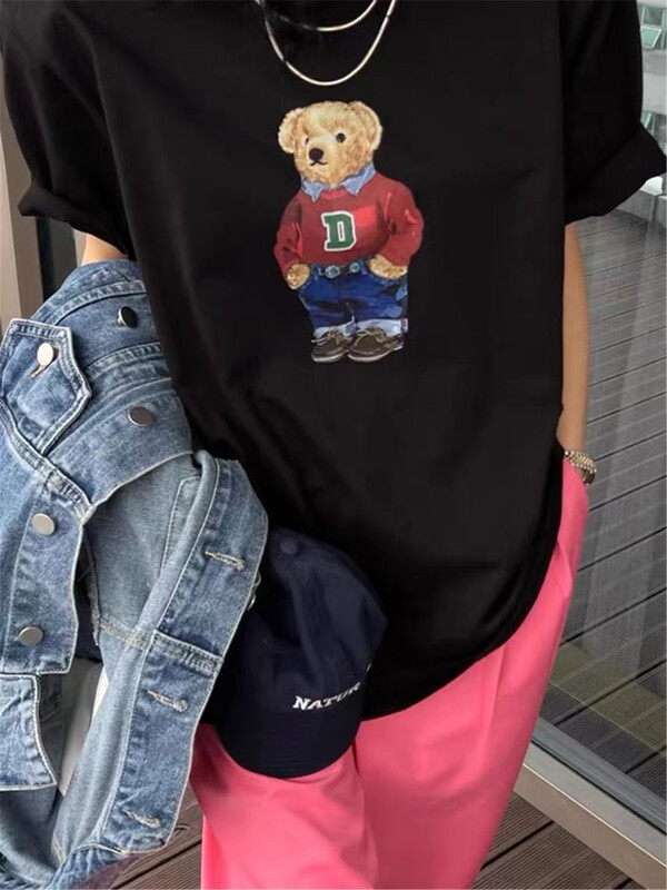 New in early summer! [Amy] bear shoulder pad print Pullover short sleeve T-shirt 8102# WTT