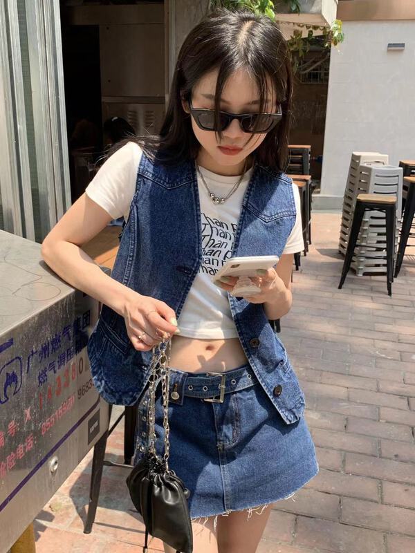 [9hour] solid V-neck single breasted POCKET DENIM VEST 90335# zxl