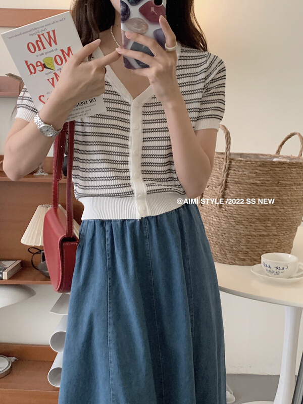[aimi] Korean striped V-neck knitted cardigan 13720# HBx