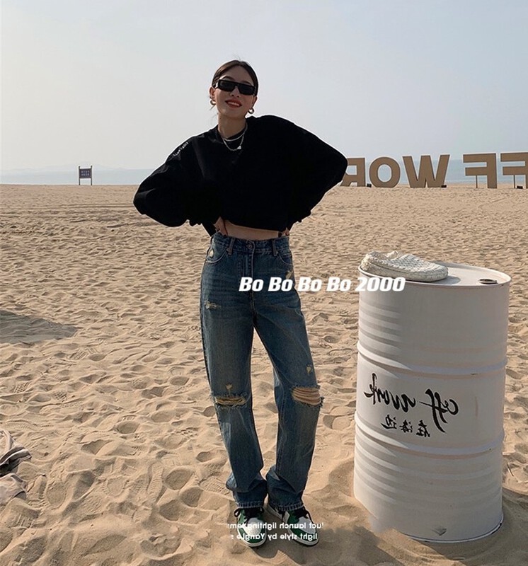 [Bobo] Korean personalized ripped jeans 2000# cqw