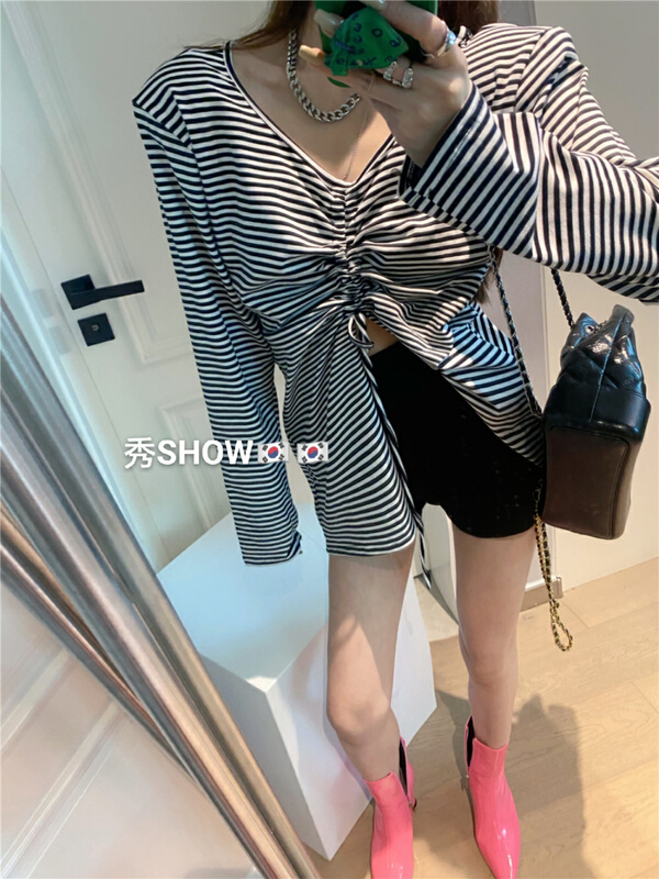 New year in early spring! [show] V-neck drawstring stripe loose long sleeve T-shirt 98002# XYJ