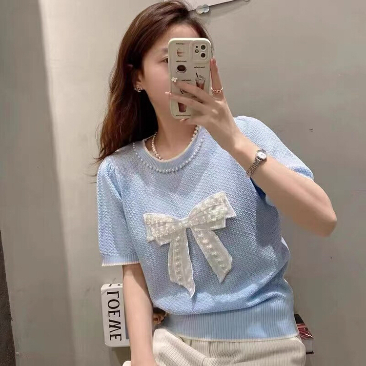 [f · P] sweet wind round neck heavy industry bubble bead bow knit 94142# HBx