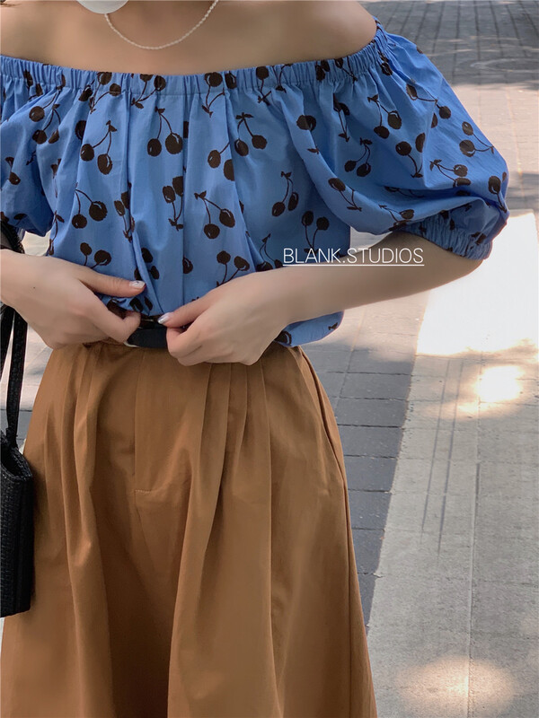 [blank] Vintage off shoulder Print Blouse 522353# WPL