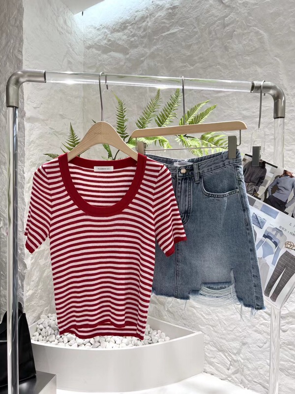 【 numbersix 】 round neck striped Korean shirt (excluding necklace) 8155# LSW