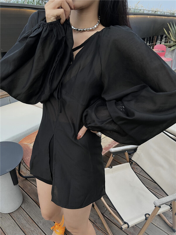 [BF wlj] V-neck lace up loose long sleeve sunscreen shirt 9097# ozq