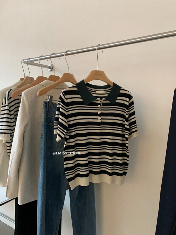 [Imiss] Korean stripe contrast color knitted polo shirt cx0201# LSW