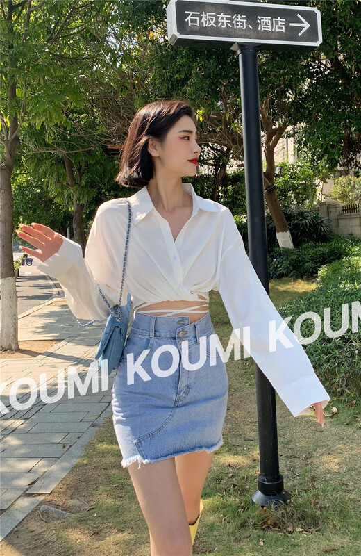 早春上新!【KOUMI】韓風時尚氣質短款個性系帶襯衫(只賣襯衫)  90780#  CSX