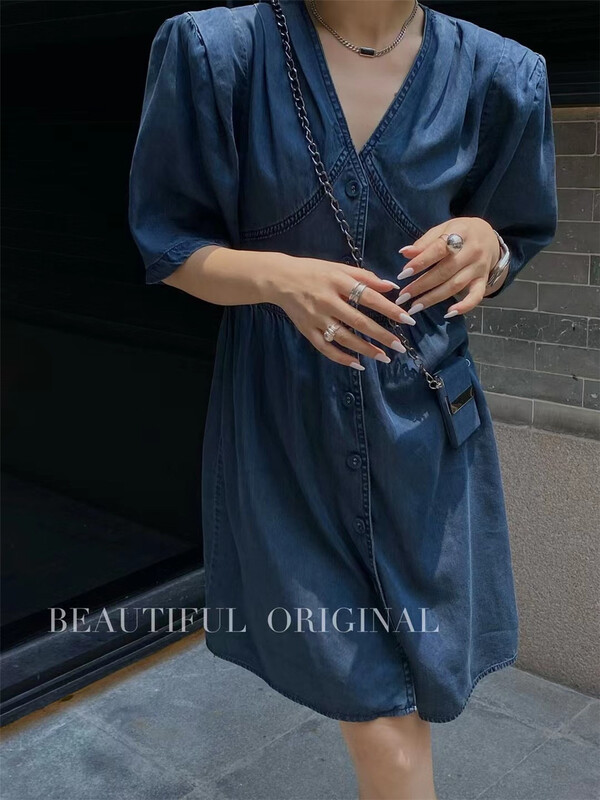 [B-O] V-neck single breasted fashion dress (with bag) 67042# XYJ