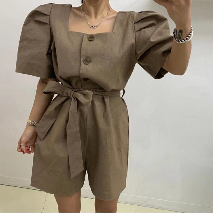 [Yulia] Korean version square neck solid color Jumpsuit (with waist rope) 2228# LSW