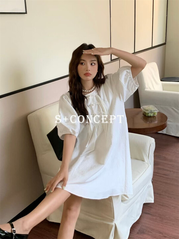 [S +] Korean Chinese knot decorative bubble sleeve dress 8677# cqw