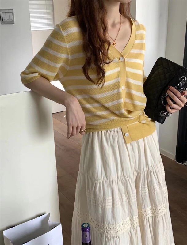 goods in stock! New in early summer! [Sicily] Korean Short Sleeved striped knitted cardigan (with side buckle) 3332# XJ