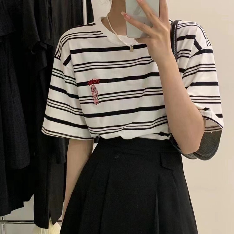 [misu +] round neck versatile stripe short sleeve T-shirt 80594# ZZL
