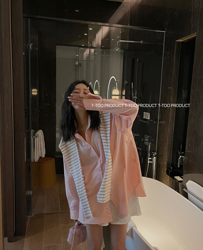 [t-too] stripe fake two shawl shirt (with shawl) 882905# LSL