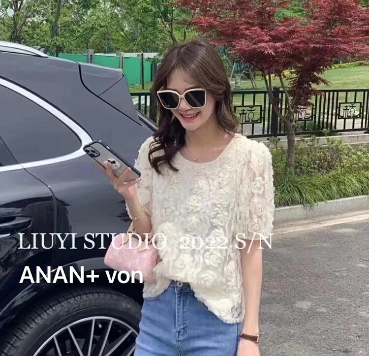 [Anan +] short sleeve Pullover three-dimensional flower blouse 332# WTT