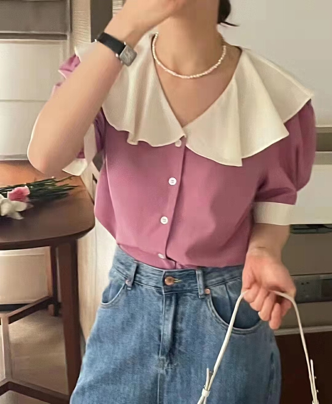 [baby] French lotus leaf collar contrast single breasted shirt 8600# WTT