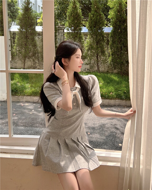 [Doudou family] embroidered pleated Korean dress (with tie) 88312# CLS