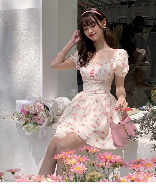 [L.L studio] floral stitching waist closing dress 7688# PCZ